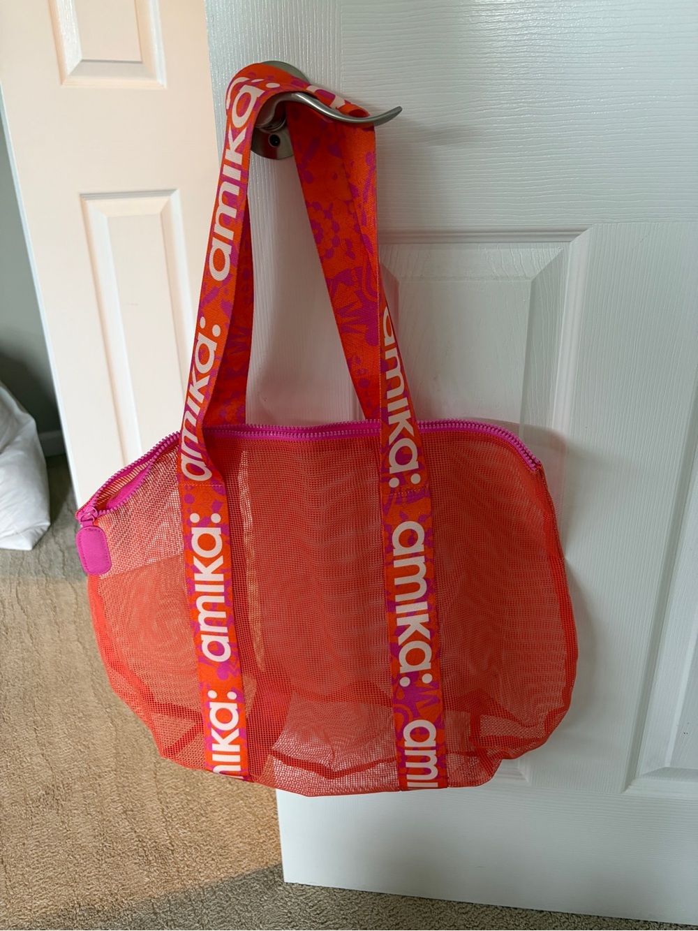 amika Bright Orange Mesh Tote with Pink-Trim Branded Straps